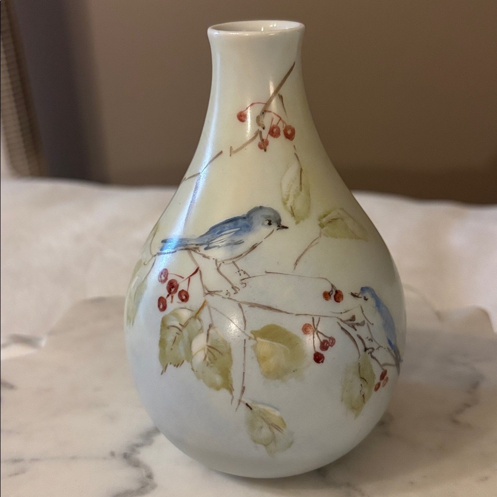 German Bavaria Hand-painted Porcelain Bud vase with Blue Bird and Berry